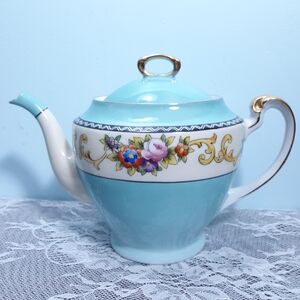 Antique Ca 1920 Noritake Teapot Turquoise Blue Floral Roses White Gold Vintage